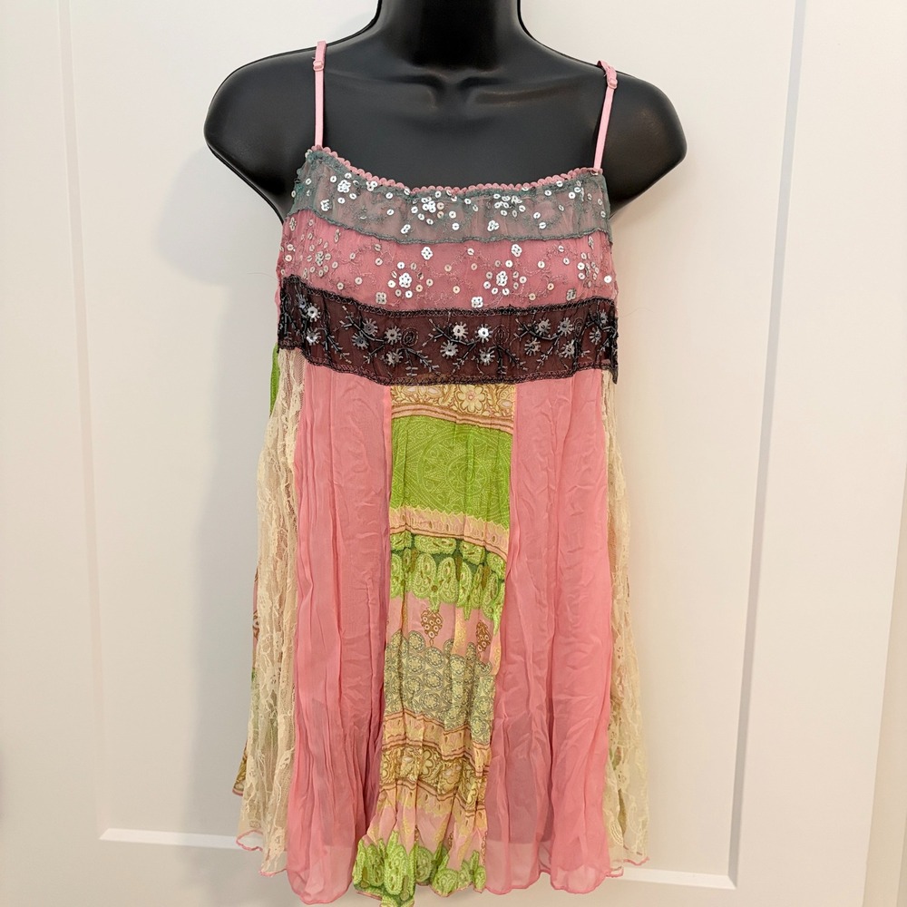 Fairy y2k Sleeveless Patchwork Boho Sequin Beaded Top Size S Pink Multi - Picture 2 of 12